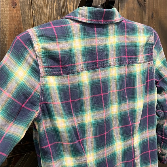 Hollister Mixed Plaid Flannel Top L Teal Pink Tartan Checkered‎ Drawstring Waist - Picture 6 of 10